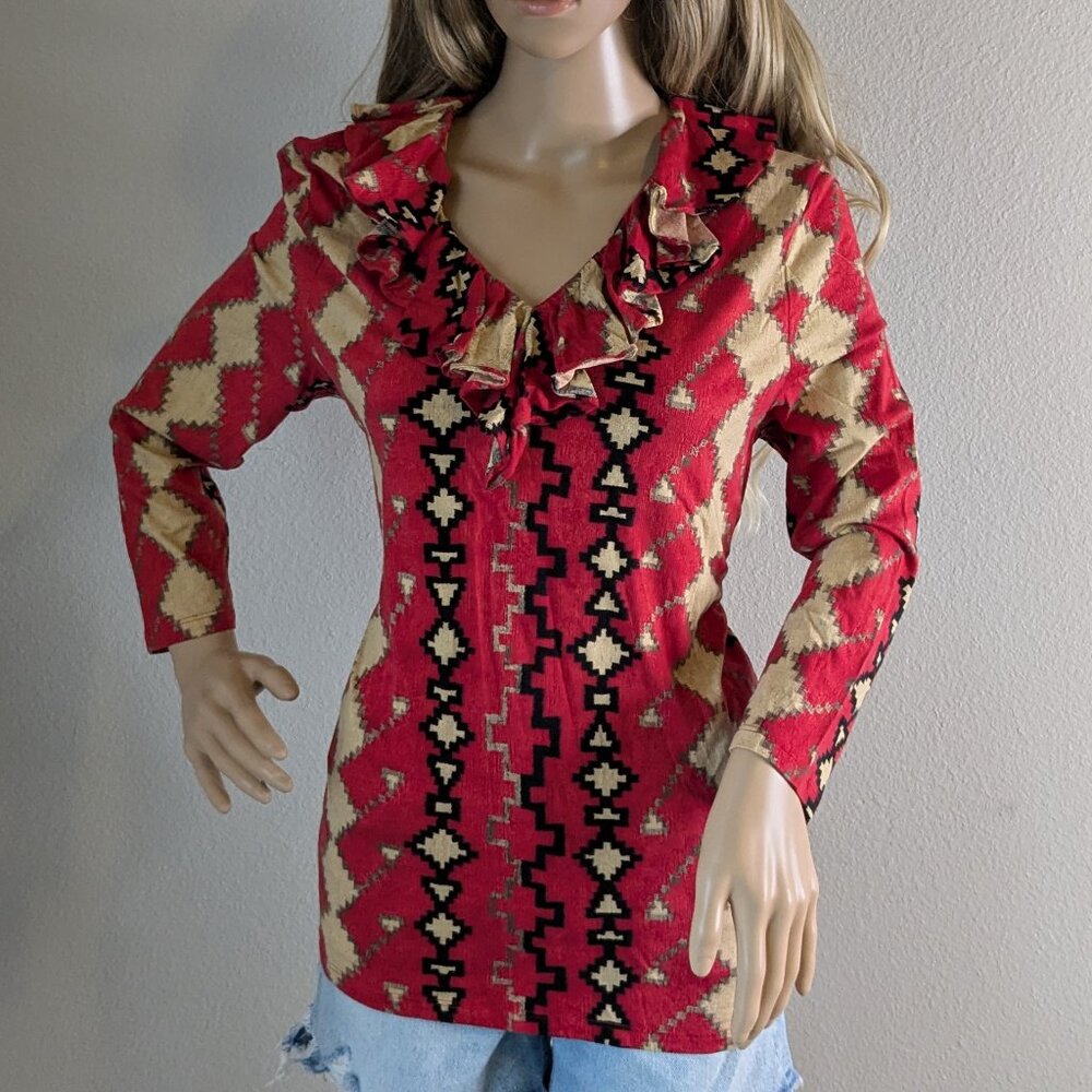 Lauren Ralph Lauren Top Women's Size XL Red Ruffle 3/4 Sleeve Southwest Aztec